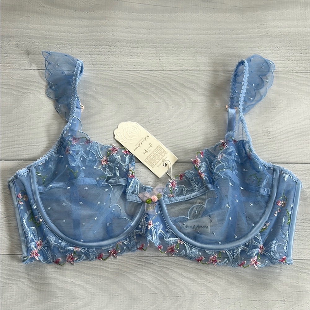 For Love & Lemons‎ Blue Pink Floral Embroidered Sheer Underwire Bra Sz 38C. Blue